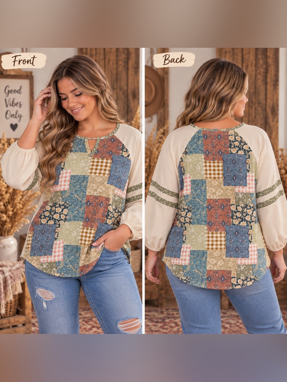 Cato Patchwork Raglan Sleeve Top - Beige, Blue & Green